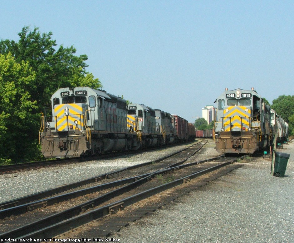 KCS power looks east at KCS' Bossier City, La. yard as a casino towers in the background